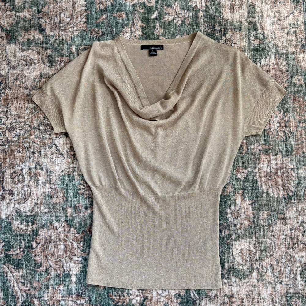 Vintage Willi Smith Cowl Neck Top Large Gold Metallic Knit Y2K 2000s Glam Dreamy